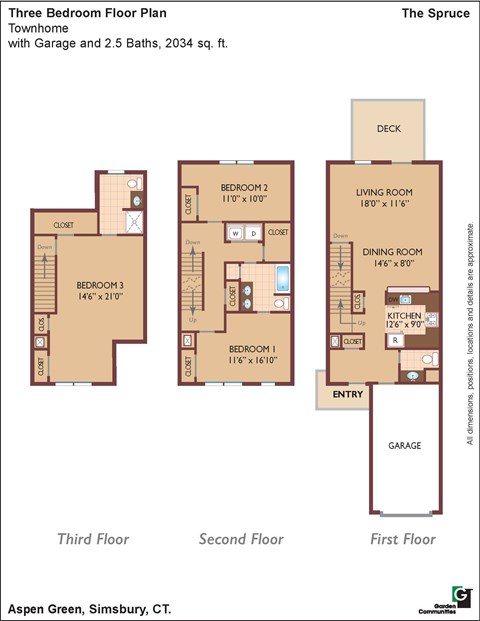 Floor plan for 3 beds, 2.5 baths, 2034 sqft